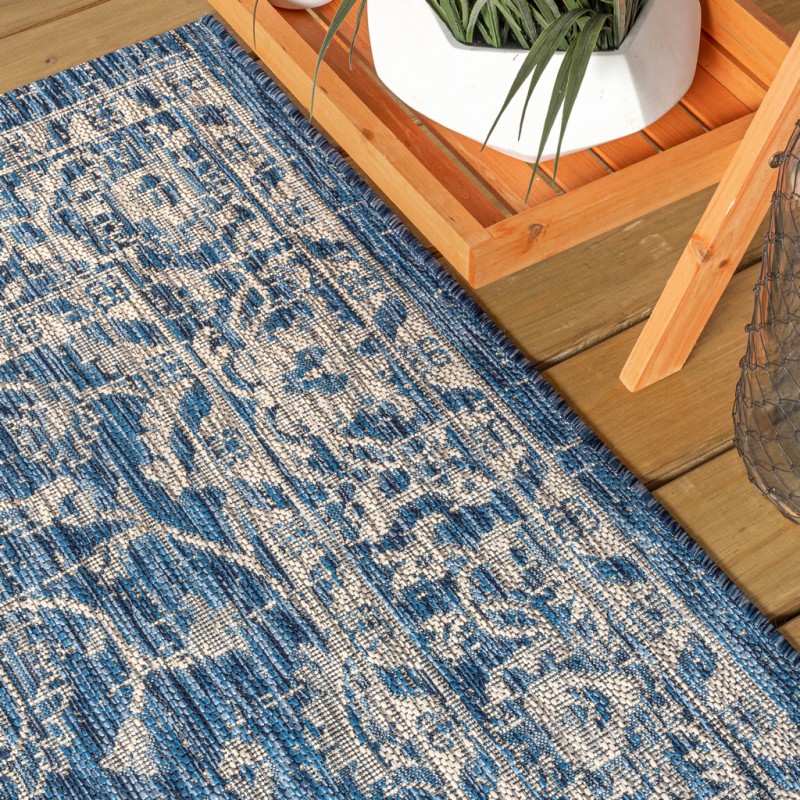 Palazzo Vine and Border Textured Weave Navy/Gray 2 ft. x 8 ft. Indoor/Outdoor Runner Rug